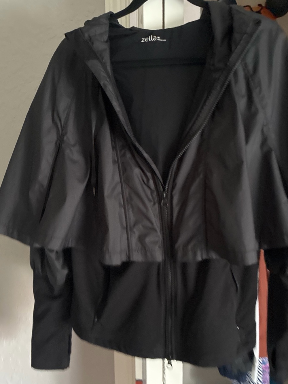 Zella Black Hooded Cape-Overlay Bomber Jacket